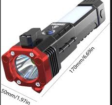 8 In 1 Multifunctional Torch Light – Rechargeable LED Flashlight with Emergency Hammer & Cutter