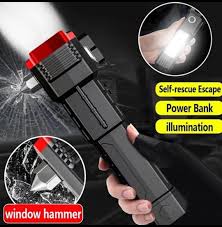 8 In 1 Multifunctional Torch Light – Rechargeable LED Flashlight with Emergency Hammer & Cutter