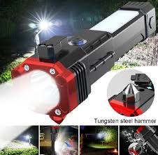 8 In 1 Multifunctional Torch Light – Rechargeable LED Flashlight with Emergency Hammer & Cutter